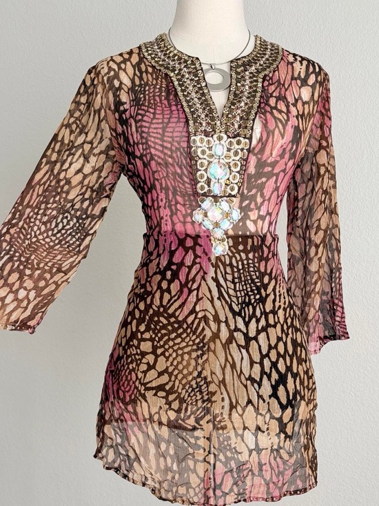 Chico's Tops - Chico's Embellished Sheer Animal-Print Tunic in Brown and Pink